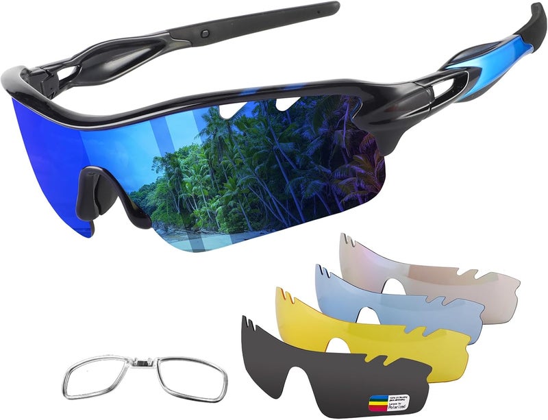 BangLong Polarized Sports Sunglasses Cycling Sun Glasses for Men Women with 5 Interchangeable Lenes for Running Baseball Golf - Image 1